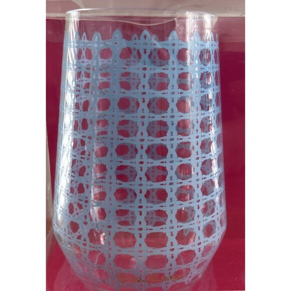 Set of 2 Lilly Pulitzer Stemless Acrylic Wine Glasses Blue Caning Lattice - Picture 2 of 3